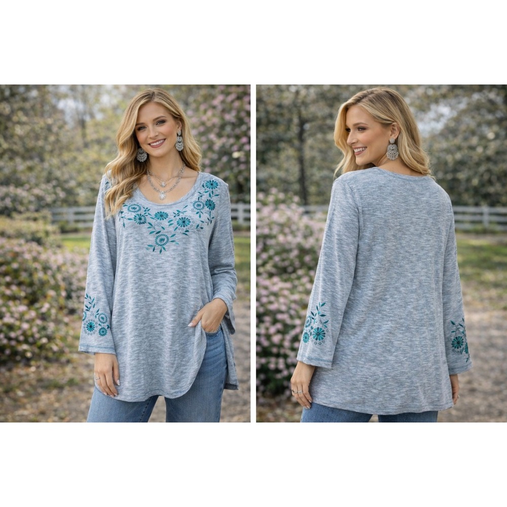 NWT Woman Within Boho Blue Space Dye Floral Embroidered Top Plus Size 1X 22/24